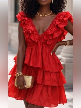 Ina Red Ruffled Tiered V-Neck Mini Dress